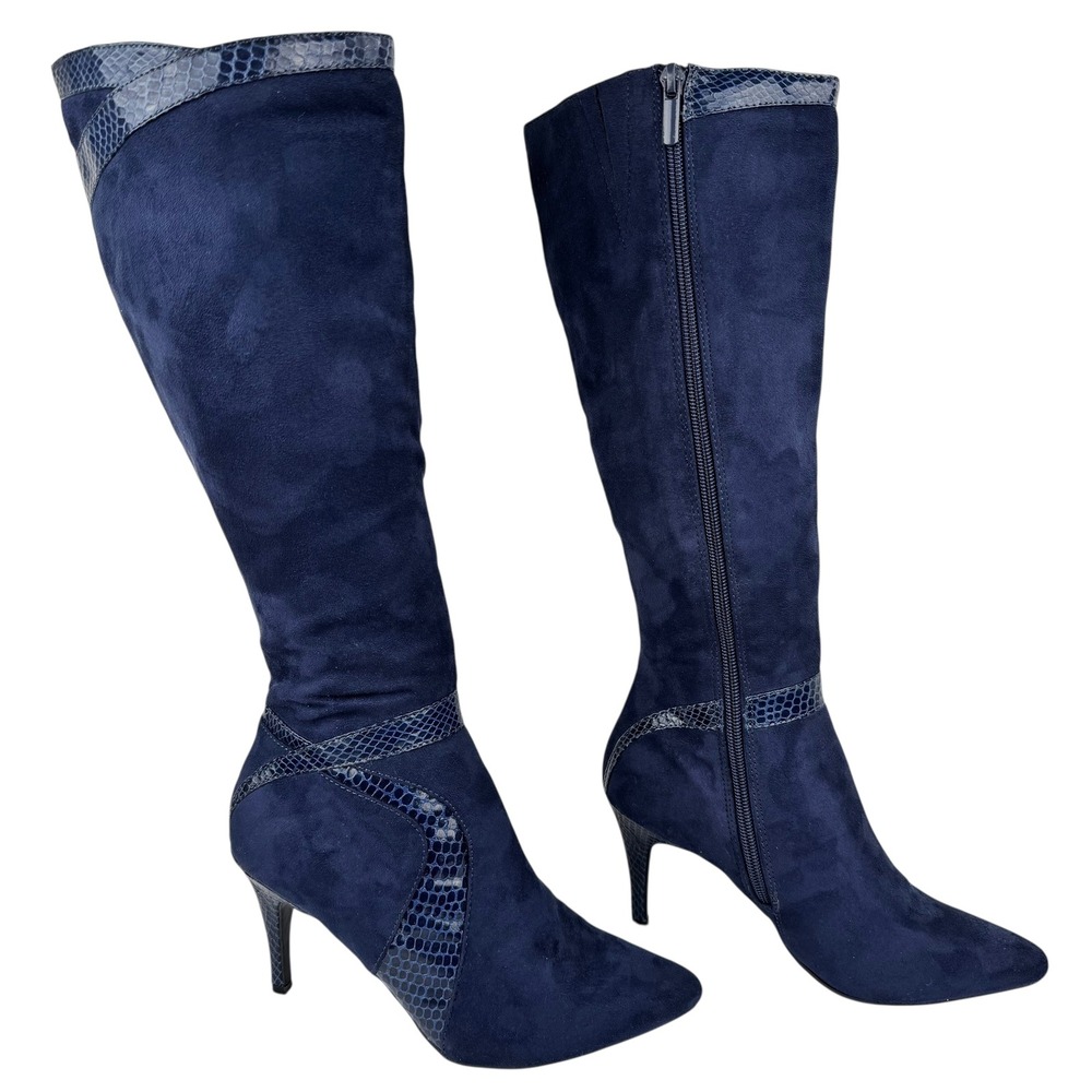 Impo Navy Stiletto High Heel Boots Sz 6 Tall Faux Suede Snakeskin Zip Mob Wife